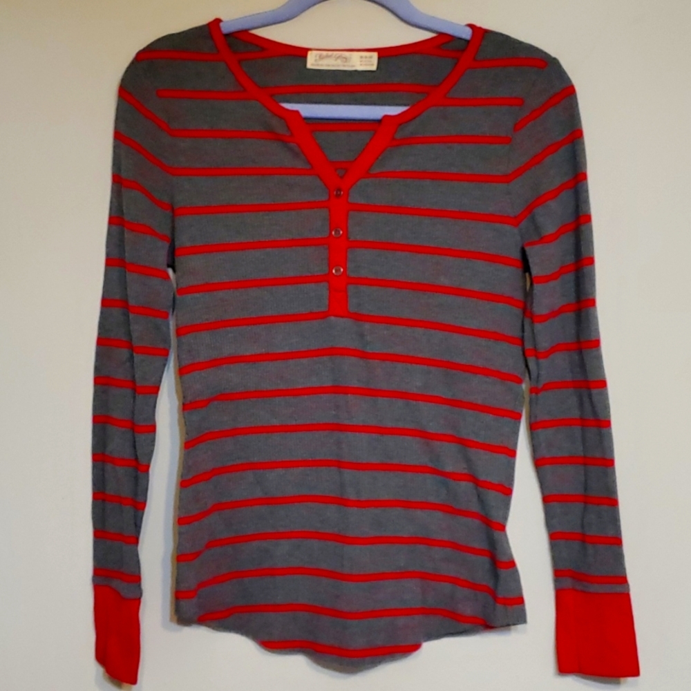 Faded Glory Red & Gray Striped Lightweight Thermal Shirt with Buttoned V-Neck, M
